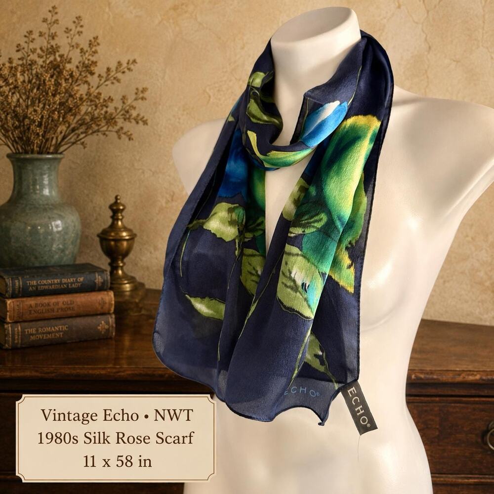 Vintage Echo NWT 1980s Silk Navy Blue Rose Scarf 11x58